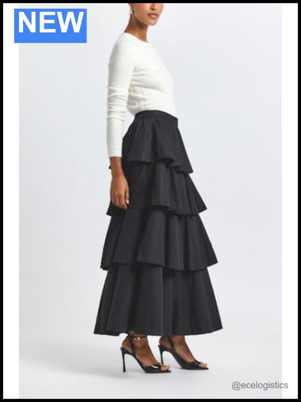 Tiered Ruffle Maxi Skirt Cotton Poly Poplin Zip Closure - Picture 2 of 3